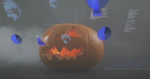 Glowing jack-o'-lantern emitting amber light amid fog with blue holographic data overlays