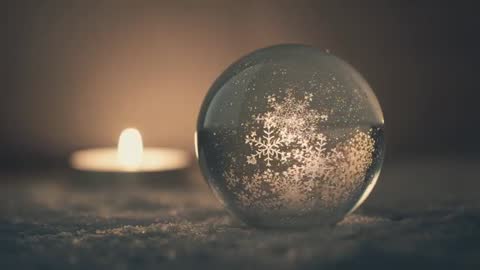 Candlelight revealing snowflake patterns inside crystal orb on snowy tabletop