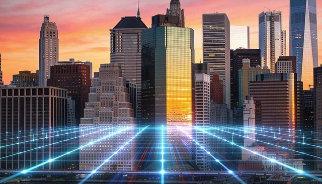 Sunset reflecting glass tower with neon-blue grid overlay over urban waterfront skyline