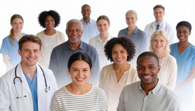 Smiling diverse healthcare team standing together in modern clinic with doctors and nurses