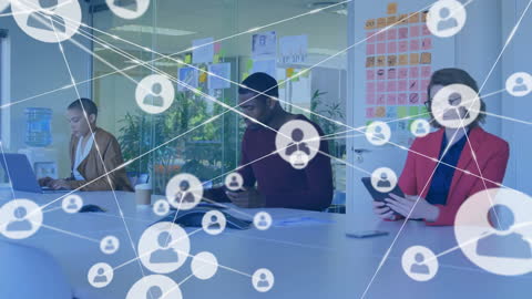 Diverse Team Using Technology with Network Connections Overlay