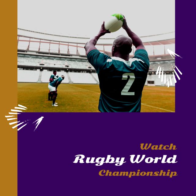 Rugby players preparing to throw rugby ball during world championship event in large, open stadium. Excellent for marketing rugby tournaments, promoting sports events, sports team advertisements, or motivating young athletes.