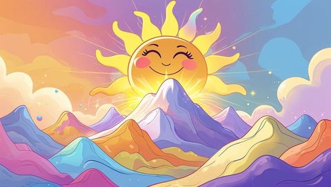 Sunny cartoon adventure scene with whimsical sun over vibrant mountains