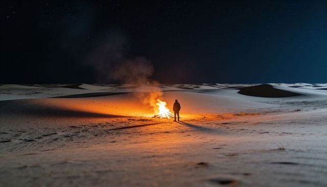 Standing solitary camper watching bonfire on desert sand dunes under starry night sky