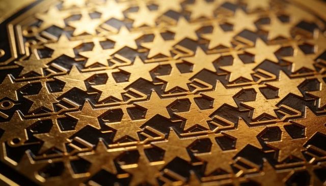 Closeup golden star lattice metal plate perforated tessellated pattern with mount holes
