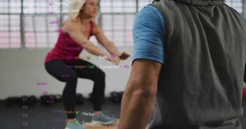 Female athlete performing step squats with trainer and digital code overlay in gym