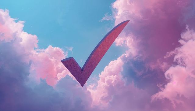 3d purple check mark floating in dreamy pastel sky