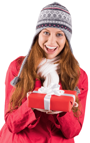 Happy Woman in Winter Clothes Holding Transparent Gift