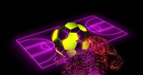 Futuristic football over neon lit basketball court with particles