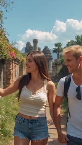 Young Couple Exploring Ancient Ruins Hand-in-Hand Walking Through Historic Temple Vertical Clip