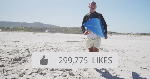 Surfer with Surfboard on Sunny Beach, Social Media Engagement
