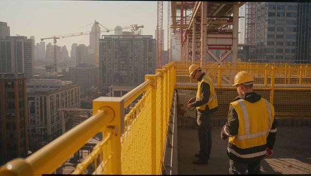 Construction workers on high-rise building with stunning cityscape