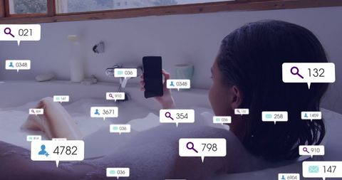 Woman with Smartphone in Bathtub Surrounded by Social Media Notifications