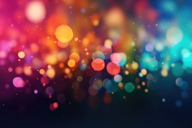Vivid and colorful abstract background with glowing bokeh lights. Useful for festive decoration, holiday cards, seasonal greetings, party invitations, digital wallpapers, or optic and design concepts.