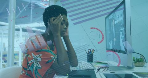 Stressed Businesswoman Analyzing Financial Data with Tech Overlay