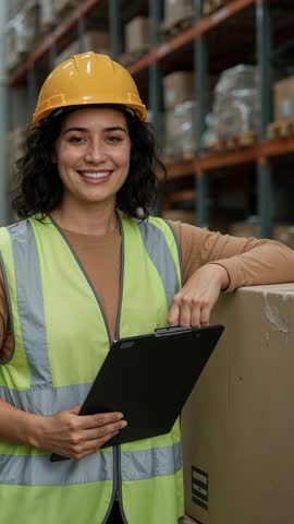 Vertical Warehouse Inventory Check Video: Smiling Female Worker with Hard Hat and High-Vis Vest