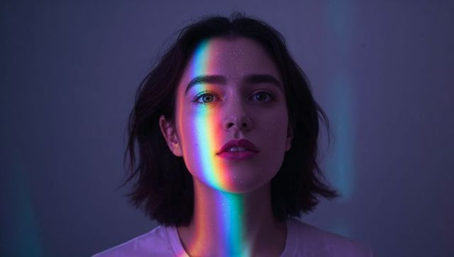 Woman wears tee with refracted rainbow beam highlighting beauty