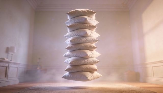 Levitating stack of cream pillows hovering over sunlit rug in minimalist interior