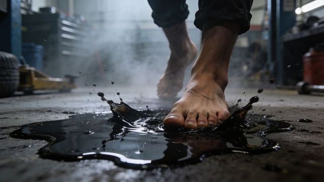 Barefoot stepping into motor oil splash on garage floor close-up of dirty foot and grease