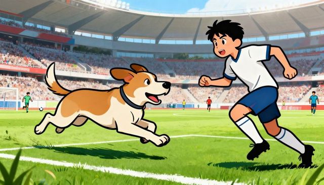 Youth soccer player chasing playful dog across pitch during crowded stadium match