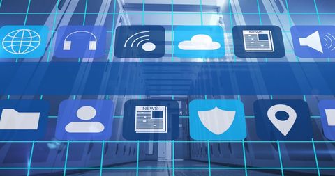 Digital Interface Icons Overlaying Modern Server Room - Download Free Stock Images Pikwizard.com