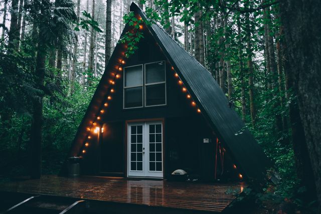 Secluded A-frame cabin in dense forest with string lights around entrance. Ideal for articles, blogs or promotional material about tranquil retreats, nature getaways, and outdoor living. Perfect for showcasing peaceful vacation spots, serene natural surroundings, and rustic architectural designs.