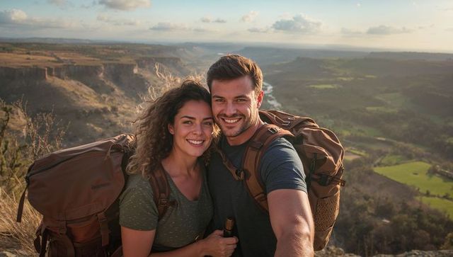 Smiling couple hiking on cliff overlooking river valley at golden hour with backpacks