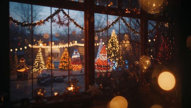 Illuminated Holiday Landscape with Christmas Trees and Santa at Dusk