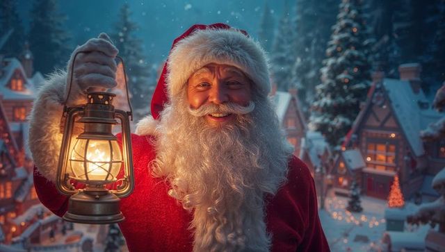Santa Claus Holding Lantern in Wintery Festive Village Scene