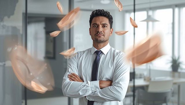 Confident businessman standing with arms crossed in modern glass office with copper petals