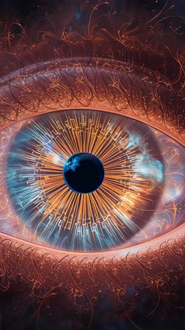 Vertical Sci-Fi Iris Revealing Luminescent Filaments in Futuristic Neon Digital Void