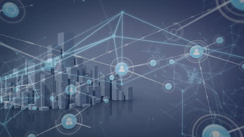 Animated Network Connections Over City Skyline