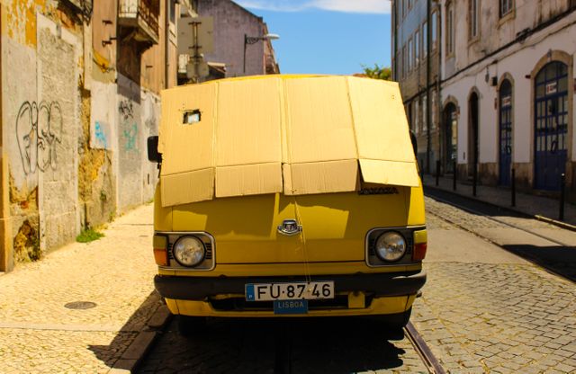 Old yellow van parked on narrow cobblestone street between historic buildings in urban setting. Ideal for vintage vehicle enthusiasts, cityscape themed blogs, articles on urban exploration, or highlighting charm of historic cities like Lisbon.