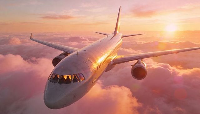 Soaring commercial jet gliding above pink sunrise clouds with uniformed pilots