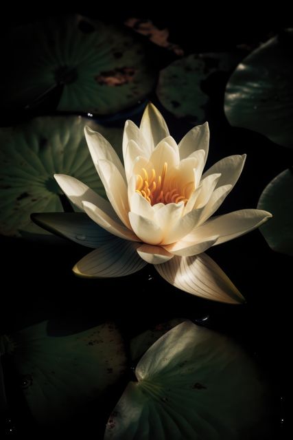 This image features a striking white lotus blossoming on dark water surrounded by lily pads. The elegance and serenity of the scene create a sense of tranquility and peace, making it ideal for use in wellness and mindfulness applications, spa and relaxation promotions, nature or botanical studies, and zen-inspired designs.