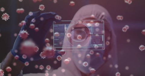 Scientist in protective suit analyzing virtual covid-19 data display