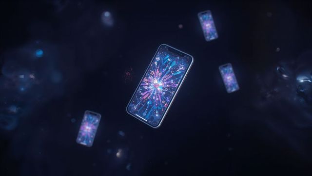 Futuristic smartphones emitting neon light in cosmic digital realm