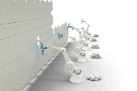 transparent robotic arms assembling puzzle pieces in line - Download Free Stock Videos Pikwizard.com