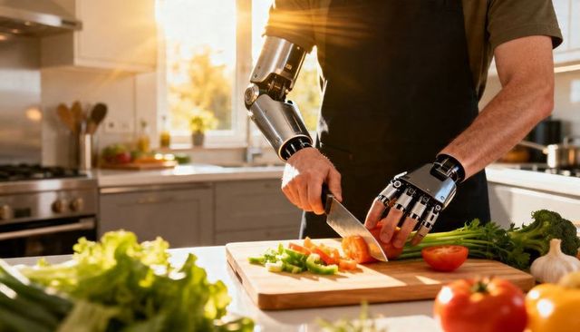 Man with advanced prosthetic arms chopping fresh vegetables on sunlit kitchen counter