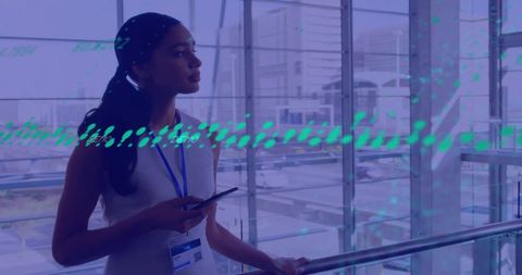 a young businesswoman stands in a modern glass-walled office while holding a tablet. digital financial data overlays the scene, suggesting themes of technology integration, data processing, and global finance. this image is ideal for corporate presentations, finance technology articles, or business advertisements focusing on innovation and digital connectivity.