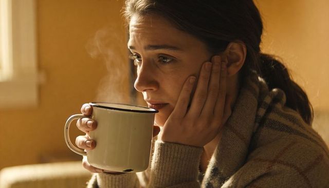 Contemplative woman holding steaming chipped enamel mug, gazing out window, cozy morning