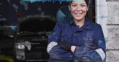 Smiling female auto technician standing arms crossed by open-hood car with hud overlay