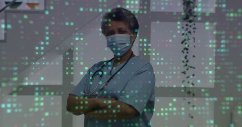 Standing nurse wearing surgical mask and stethoscope with digital data overlay