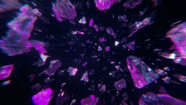Crystalline fragments emanating vibrant purple energy in space