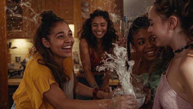 Laughing friends splashing water in cozy kitchen, playful diverse women celebrating
