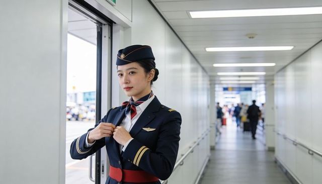 Flight attendant adjusting uniform in jet bridge corridor, confident cabin crew portrait