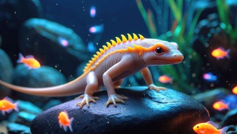 Vibrant gecko with neon fish in lush aquarium environment