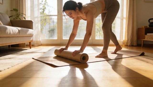 Morning yoga mat unrolling by asian woman practicing home workout in sunlit living room