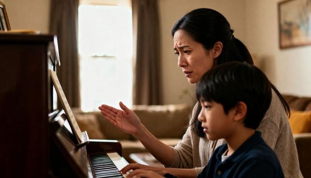 Mother teaching young son piano at home guiding practice and reading sheet music