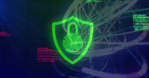 Neon Green Cybersecurity Shield with Biometric Padlock and Holographic Data Matrix